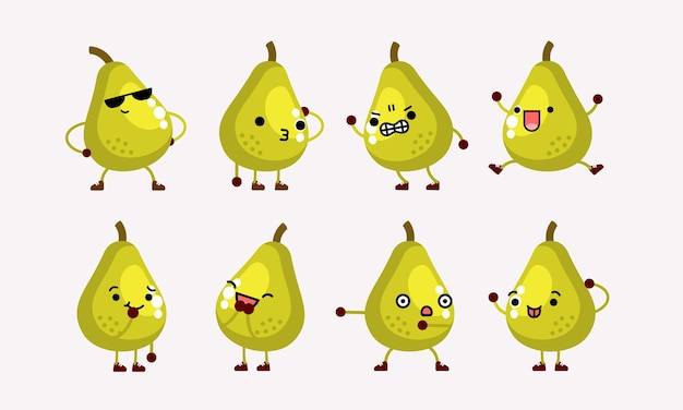 Linda ilustración de mascota de personaje de pera con diferentes poses y expresiones faciales