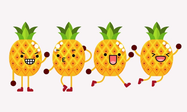 Linda ilustración de mascota de personaje de piña con diferentes poses y expresiones faciales