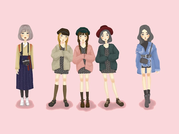 Linda ilustración de moda coreana de mejores amigas, chica moderna y vanguardista, y chica de pelo corto con kimono