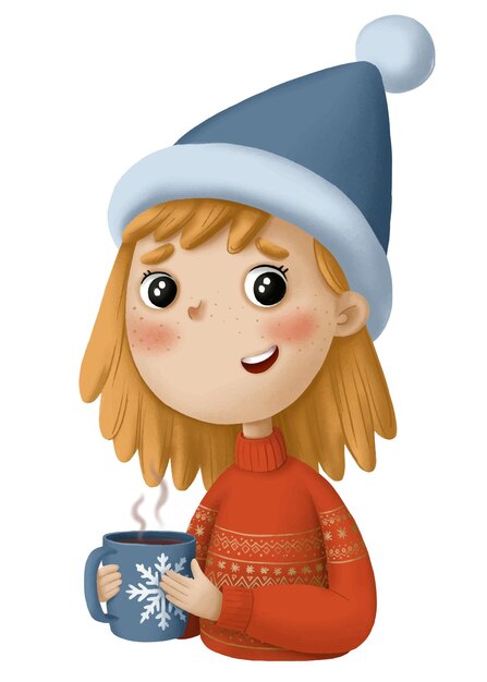 Vector linda ilustración de navidad con una chica de dibujos animados en un sombrero de navidad y con una taza de cacao