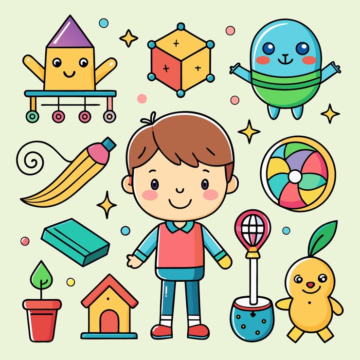 Vector una linda ilustración de un niño rodeado de juguetes