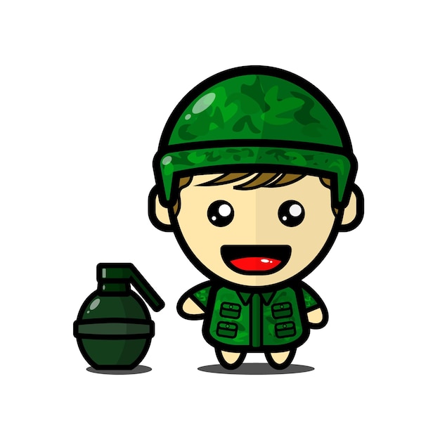 Linda ilustración de niño soldado con granada Vector Premium