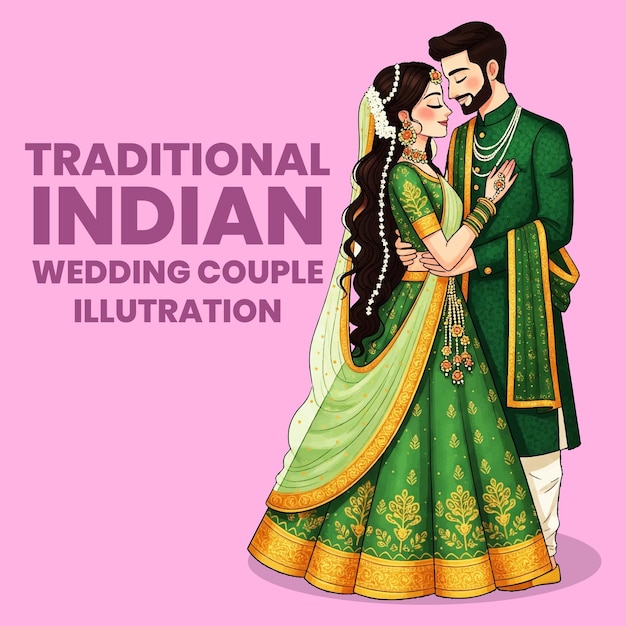 Una linda ilustración de la novia y el novio indios en trajes tradicionales de boda