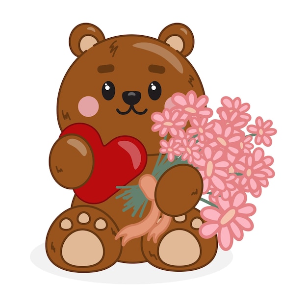 Linda ilustración de oso con ramo de flores