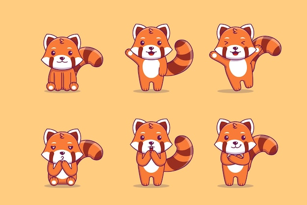 Linda ilustración de panda rojo con diversas actividades y expresiones