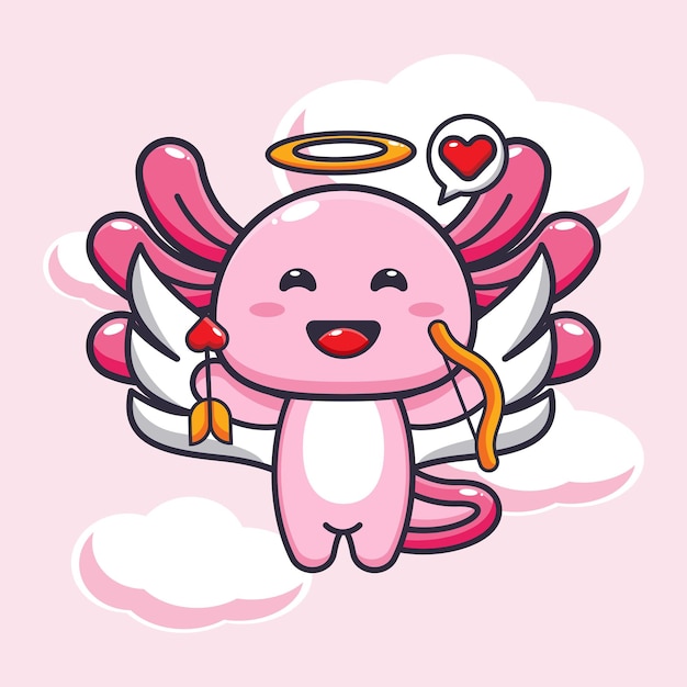 Linda ilustración de personaje de dibujos animados de mascota axolotl en el día de san valentín