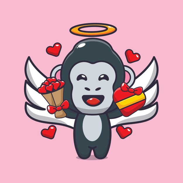 Linda ilustración de personaje de dibujos animados de mascota de gorila en el día de san valentín