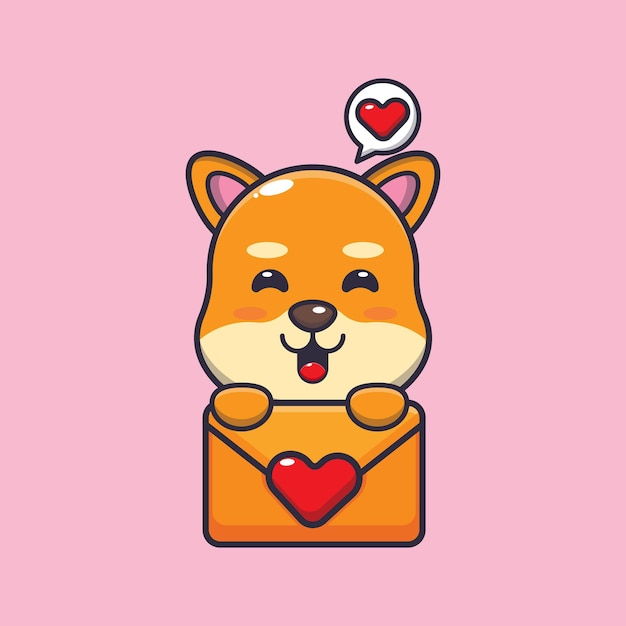 linda ilustración de personaje de dibujos animados de mascota de perro shiba inu en el día de san valentín