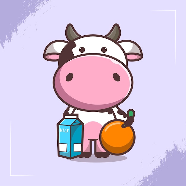 Linda ilustración de personaje de vaca que lleva leche y naranjas