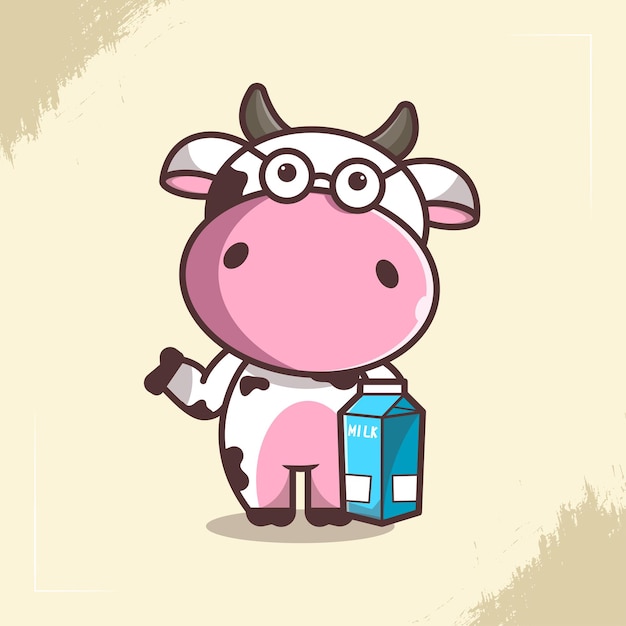 linda ilustración de personaje de vaca que lleva leche y usa anteojos
