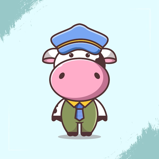 Linda ilustración de personaje de vaca con sombrero de piloto