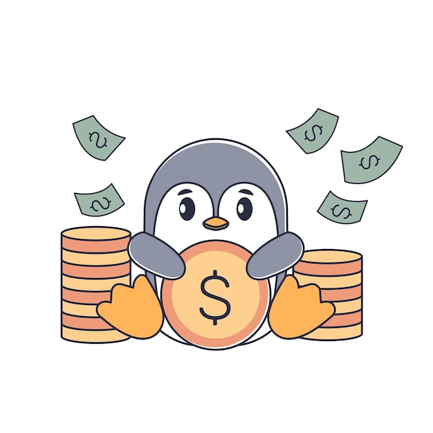 linda ilustración de pingüino con dólares y monedas apilados