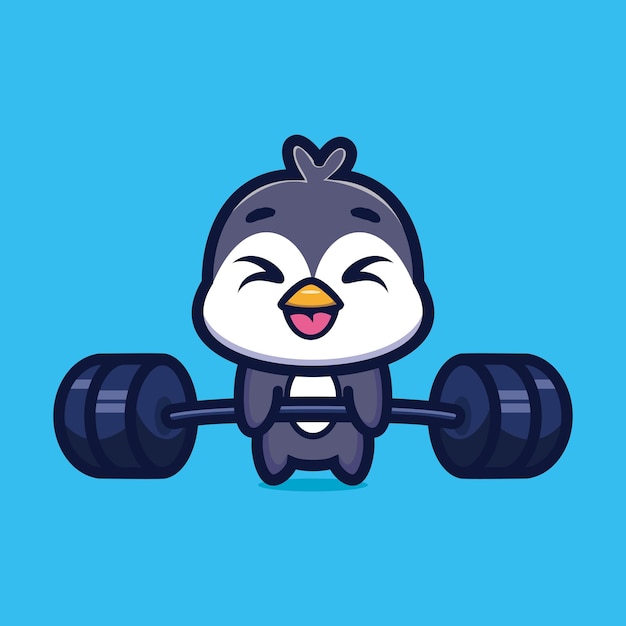 Linda ilustración de pingüino levantando barra diseño de personaje de dibujos animados vector premium