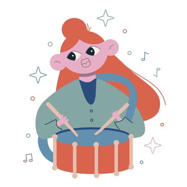 Linda ilustración plana vectorial aislada en blanco El baterista toca la batería