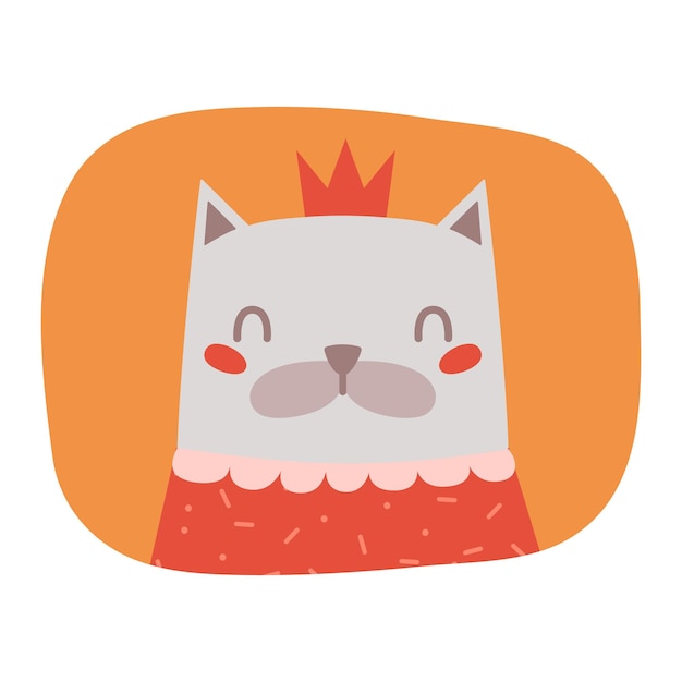 Linda ilustración con retrato de lindo gatito en la corona. Prediseñadas gráficas kawaii en estilo plano