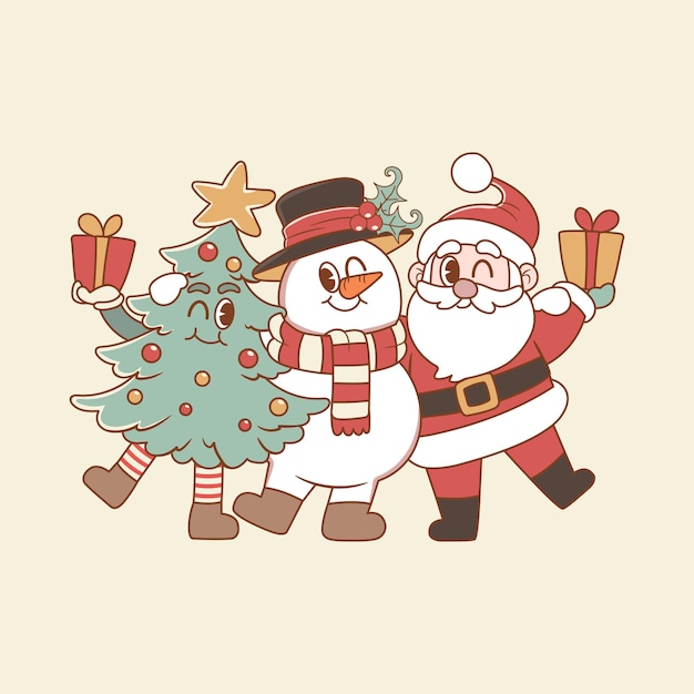 linda ilustración retro del árbol de Navidad junto al muñeco de nieve y Santa Claus para las vacaciones de Navidad