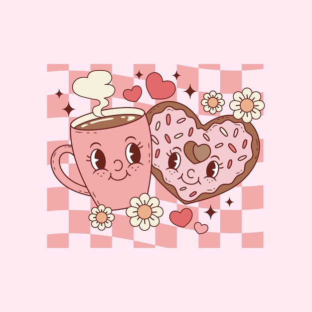 Vector linda ilustración retro de una taza de café con una rosquilla en forma de corazón para los amantes del café