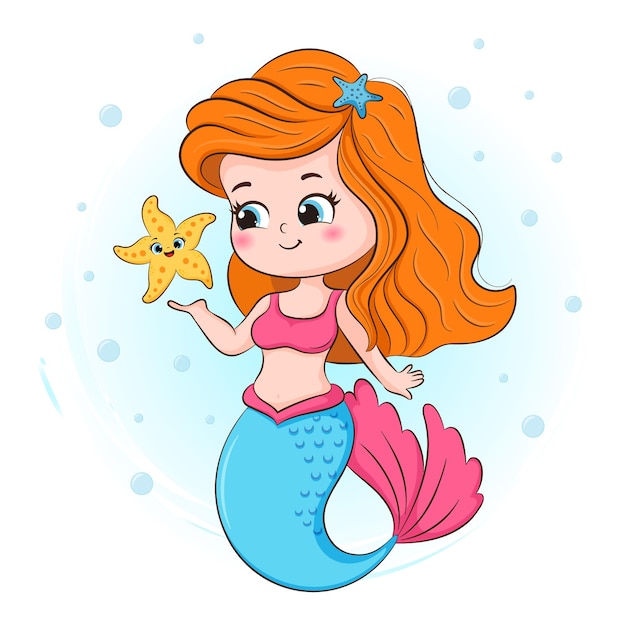 Linda Ilustracion De Sirenita Y Estrella De Mar Vector Premium