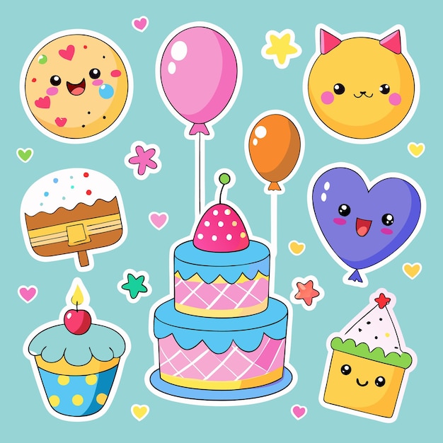 Una linda ilustración temática de cumpleaños con un pastel de dos niveles, pasteles, globos, una galleta, un corazón, un gato y estrellas.
