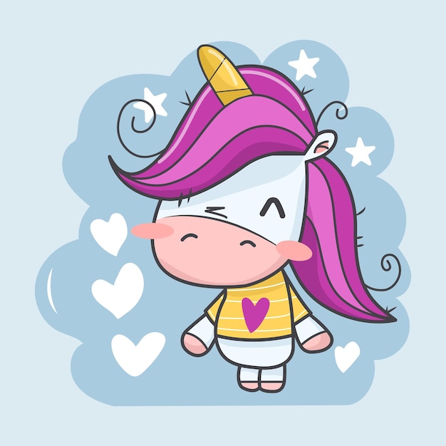 Linda ilustración de unicornio con estrellas y corazones