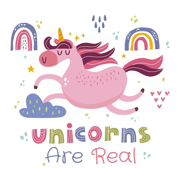 La linda ilustración de unicornio kawaii y el unicornio son citas reales en orzuelo escandinavo