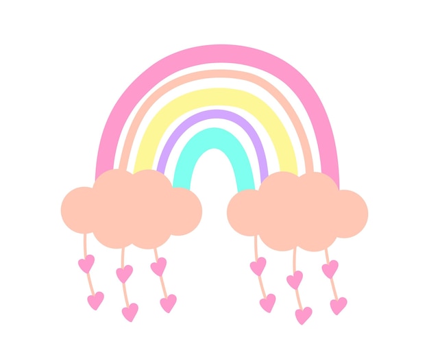 Linda ilustración de vector de arco iris boho con corazones y nubes. arco iris de estilo infantil escandinavo plano