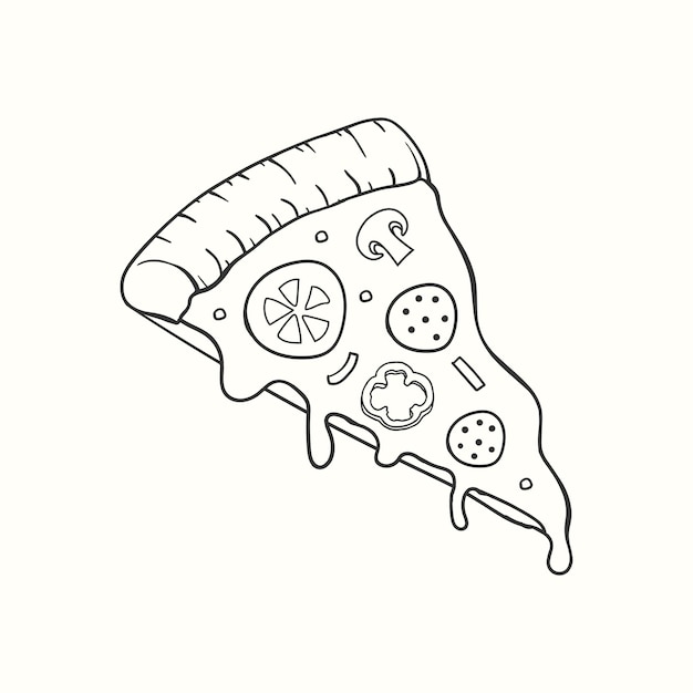 Linda ilustración de vector de rebanada de pizza dibujada a mano con queso derretido y ensalada