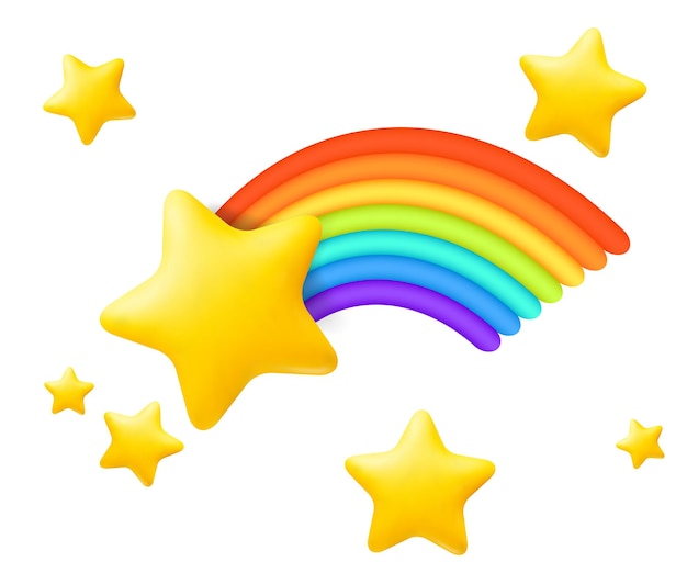 Vector linda ilustración vectorial en 3d de globos de estrellas realistas en 3d con una estrella fugaz de dibujos animados con arco iris