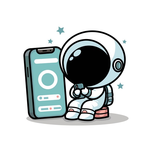 una linda ilustración vectorial de un astronauta jugando con un teléfono celular