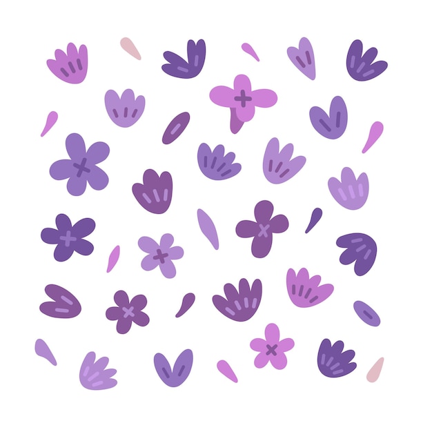 Linda ilustración vectorial con cabezas de flores de lavanda y pétalos