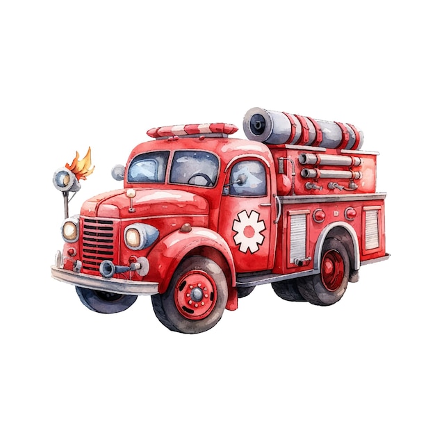 Linda ilustración vectorial de camiones de bomberos en estilo acuarela