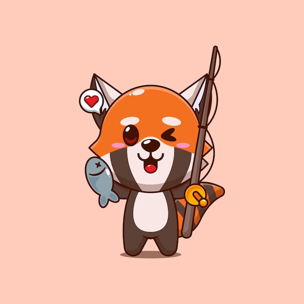 Linda ilustración vectorial de dibujos animados de panda rojo atrapando peces con caña de pescar