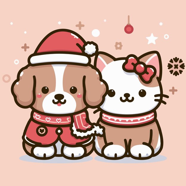 Vector linda ilustración vectorial minimalista de un perro y un gato con un tema de navidad