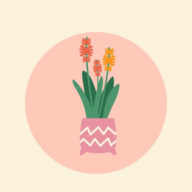 Vector linda ilustración vectorial rosa con una planta de interior en un jarrón colocada sobre un fondo redondo