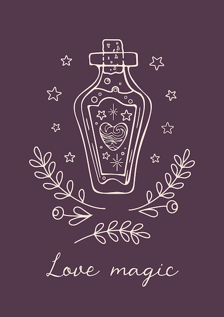 Linda ilustración vintage para el día de San Valentín. Poción de amor de bruja mágica, hojas y bayas. Para carteles, tarjetas, pancartas, elementos de diseño.
