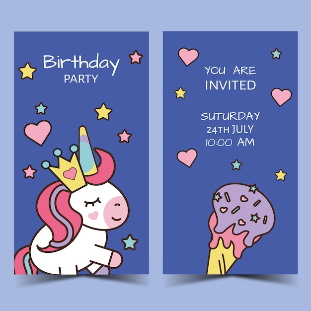 Linda invitación de tarjeta de unicornio anverso y reverso en vector