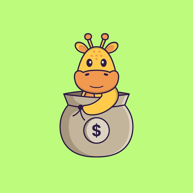 Linda jirafa en una bolsa de dinero. Concepto de dibujos animados de animales aislado.