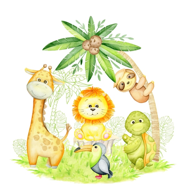 Linda jirafa, cebra, cachorro de león, pelícano, debajo de una palmera. lindos animales tropicales