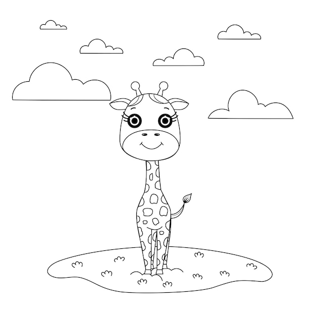 Linda jirafa de dibujos animados con nubes Ilustración vectorial en blanco y negro para libro de colorear