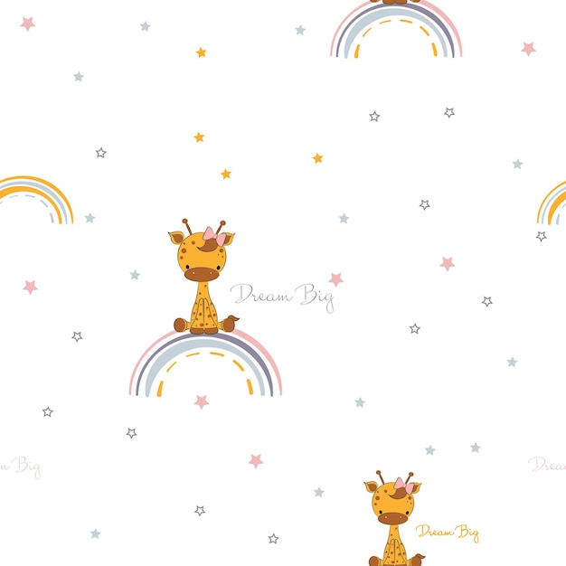 Linda jirafa de dibujos animados sentada en el patrón sin costuras del arco iris para el estilo de guardería infantil