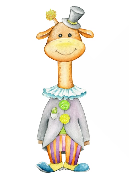 Linda jirafa disfrazada de payaso. animal acuarela en estilo de dibujos animados.