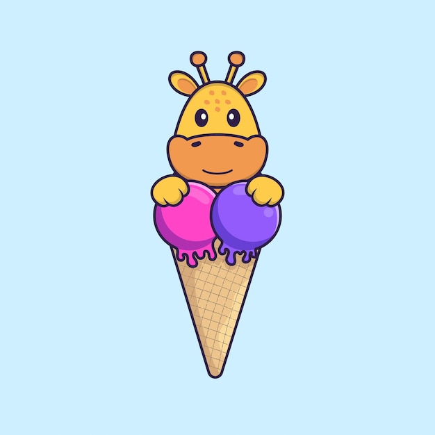 Linda jirafa con helado dulce concepto de dibujos animados de animales aislado