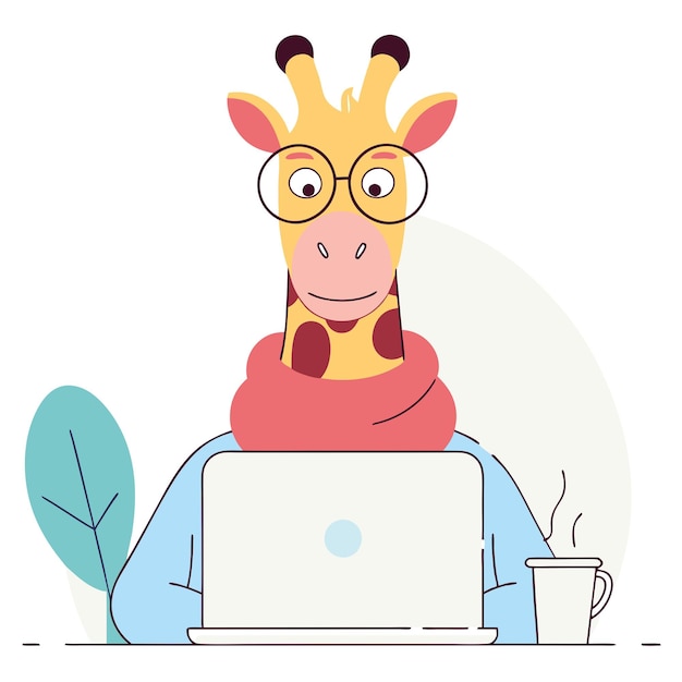 Linda jirafa hipster con gafas trabaja en portátil Lindo personaje de mascota Ilustración plana vectorial