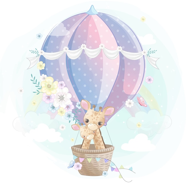 Linda jirafa madre y bebé volando con globo