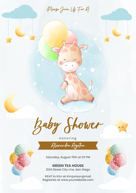 Linda jirafa sentada en una nube sosteniendo un globo en estilo acuarela para invitación de baby shower