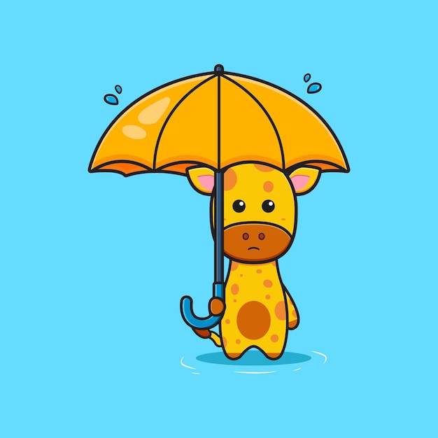 Linda jirafa sosteniendo paraguas solo en la ilustración de icono de dibujos animados de lluvia. Diseño de estilo de dibujos animados plano aislado