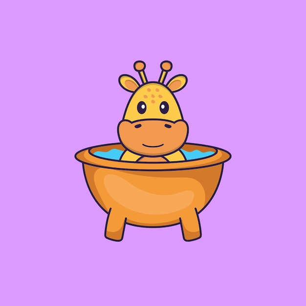 Linda jirafa tomando un baño en la bañera. Concepto de dibujos animados de animales aislado.