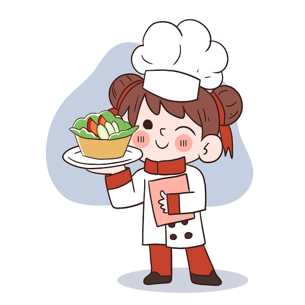 Linda joven chef sonriendo y sosteniendo una ensalada de verduras ilustración de arte vectorial de dibujos animados