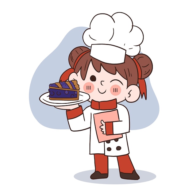 Linda joven chef sonriendo y sosteniendo un trozo de pastel de arándanos ilustración de arte vectorial de dibujos animados