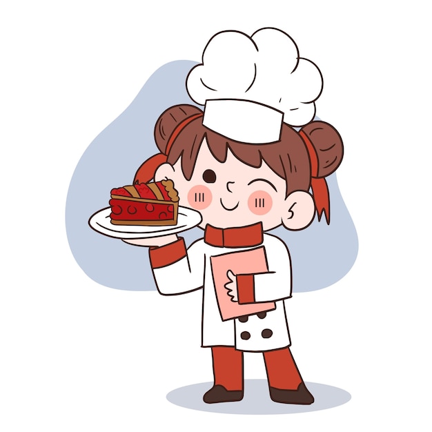 Linda joven chef sonriendo y sosteniendo un trozo de pastel de fresa ilustración de arte vectorial de dibujos animados